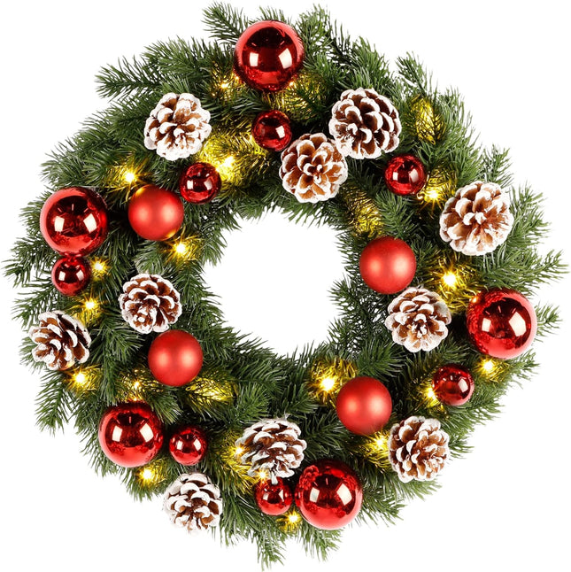 Lulu Home Christmas Front Door Wreath, 15.7" Pre-lit Wreath with Christmas Balls and Pine Cone, Battery Operated 40 LED Light Up Xmas Wreath Decorative Hanging Ornament