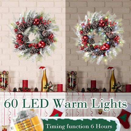 DDHS Christmas Wreaths for Front Door,24 Inch Pre-Lit Winter Wreath with Big Bells, Pine Cones, Red Berries 60 LED Lights, for Party Table Fireplaces Porch Walls Years Christmas Home Decor-Snow