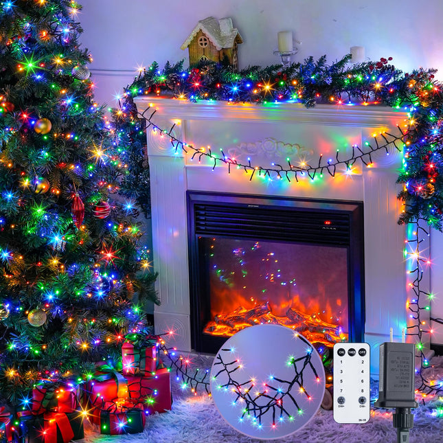 JMEXSUSS 400 LED Cluster Lights Christmas Green Wire Plug in, 27ft Twinkle Lights Outdoor with Remote, 8 Modes Cluster Lights for Christmas Tree Garland Wreath Door Decoration, Multicolor