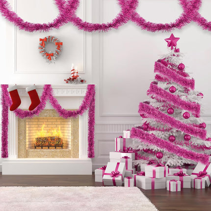 32.8 Ft Pink Christmas Tinsel Garland Metallic Shiny Tassle Banner Wall Hanging Tinsel Streamers Backdrop for Christmas Holiday Birthday Party Supplies Indoor Outdoor Ornaments Home Decor