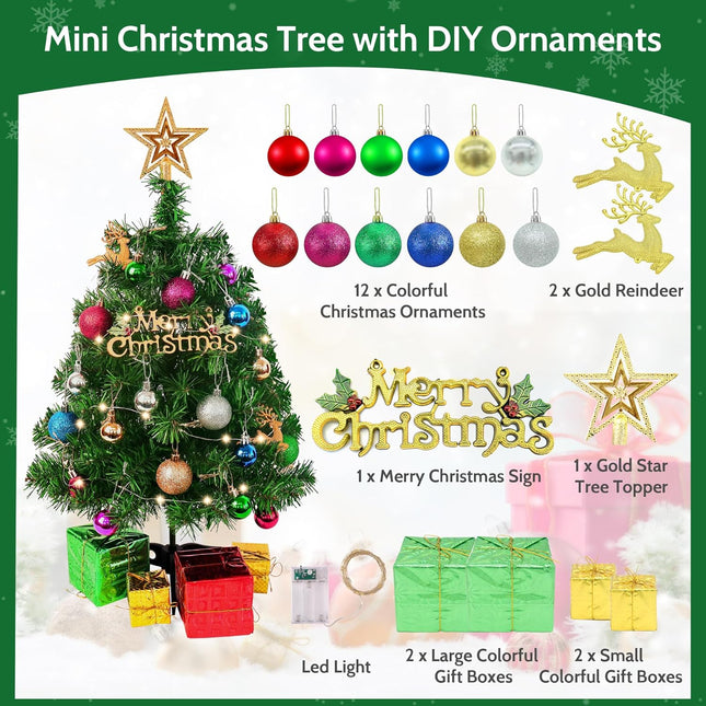 Mini Christmas Tree, 2ft Artificial Small Table Top Christmas Tree, Tabletop Christmas Tree with Star, Ball Ornaments for DIY Xmas Tree