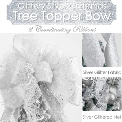 MEEDEE Silver Christmas Tree Topper Silver Glitter Christmas Bows 12" Wide Snowflake Ribbon Bow Silver Christmas Bows Silver Tree Topper Silver Bows for Christmas Tree (1 Pack)