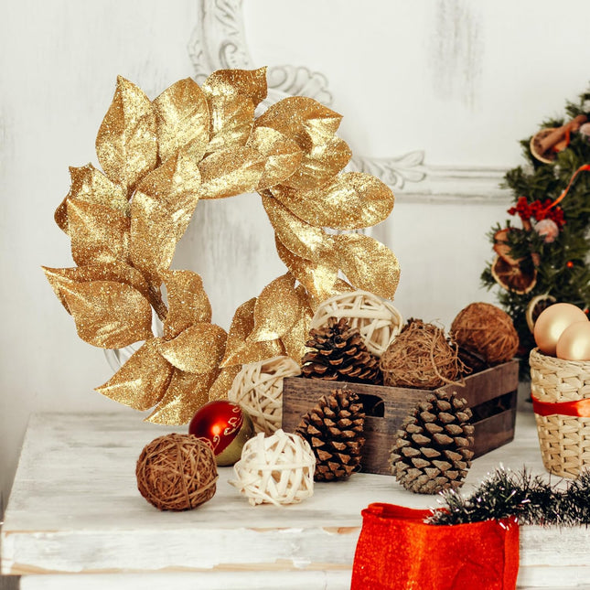 24" Magnolia Leaf Wreath with Realistic Gold-Tipped Leaves - Lifelike Christmas Wreath for Indoor/Outdoor Use | Holiday Accents for Home & Office | Elegant Xmas Decor