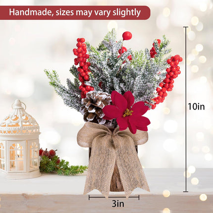 Watayo Artificial Burlap Small Christmas Tree Tabletop Decoration with Lights- 10" x 3" Mini Potted Christmas Tree Table Decoration with Red Berry Pine Cones for Home Room Mantel Party Xmas Decor