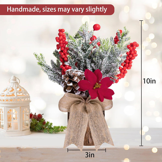 Watayo Artificial Burlap Small Christmas Tree Tabletop Decoration with Lights- 10" x 3" Mini Potted Christmas Tree Table Decoration with Red Berry Pine Cones for Home Room Mantel Party Xmas Decor