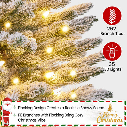 Yaheetech 2FT Pre-lit Potted Flocked Christmas Tree, Snow Frosted Mini Tabletop Artificial Christmas Tree with 35 Warm White LED Lights and 262 PE Branch Tips for Holiday Decoration