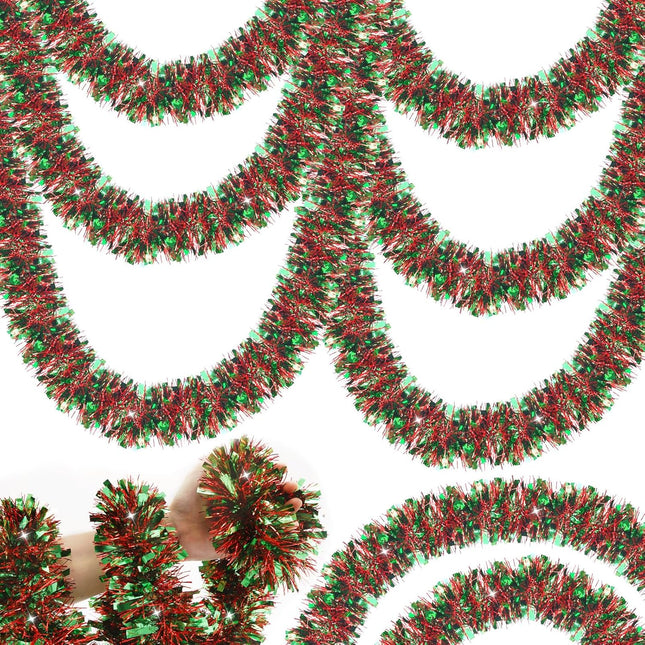 50FT Christmas Tinsel Garland, Green Red Tinsel Garland for Christmas Tree Green Red Tinsel Hanging for Indoor and Outdoor Disco Party Supplies Green Red Christmas Decorations