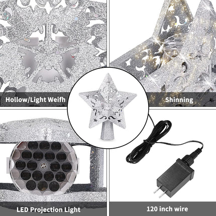 Christmas Tree Topper with 3D Santa Bells Star Projector,fohuas LED Rotating Santa Claus Xmas Tree Light lamp,Glitter Sparkling Silver Snow Tree-top Romantic Decoration Ornament (Silver Star-Santa)