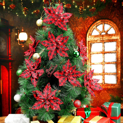 Syhood 12 Pieces Buffalo Plaid Poinsettias Christmas Tree Ornaments Artificial Christmas Flowers with Glitter Powder for Christmas Tree Wreaths Garland Holiday Decorations 6.7 Inch (Red and Black)