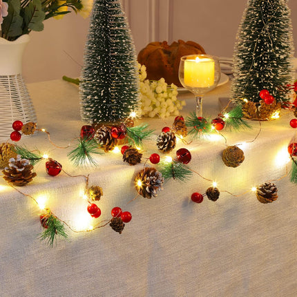 Christmas Garland with String Lights 10 Ft 30 LED Pine Cone Red Berry Bells Garland Lights, Indoor Christmas Decorations for Home and Fireplace Mantel Decor,Christmas Tree Decor (Warm White)