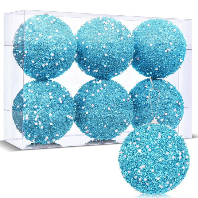 6 Pcs Christmas Ball Ornaments Glitter Sequin Foam Ornaments Hanging Christmas Tree Ball Decorations Indoor Outdoor for Xmas Wedding Party Holiday Decor(Light Blue,4 Inch)