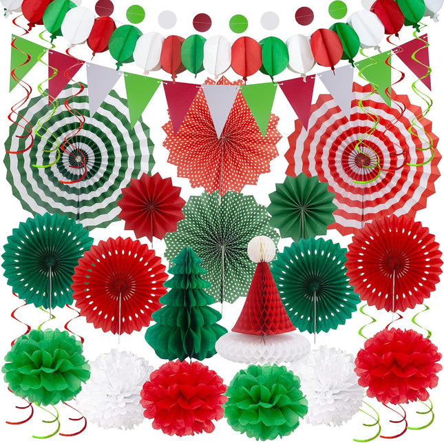 Christmas Party Decoration Festival Set - Huryfox 33pcs Birthday Bunting Decorations Paper Pom Poms Supplies Garland Hanging Honeycomb Balls Suitable for Halloween Garden Indoor Home Décor
