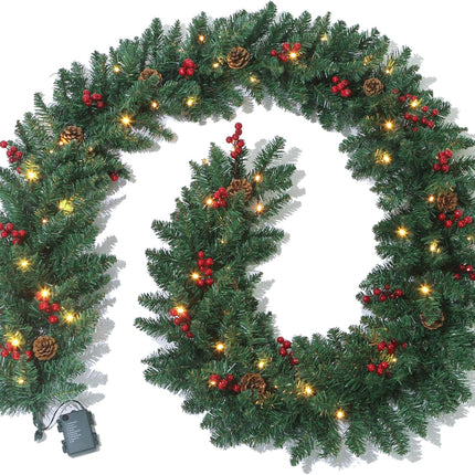 9 Ft Christmas Garland with Lights Battery Operated for Outdoor Indoor Decoration- Prelit Artificial Xmas Garland Decored with Pine Cones Berry for Home Stairs Fireplace