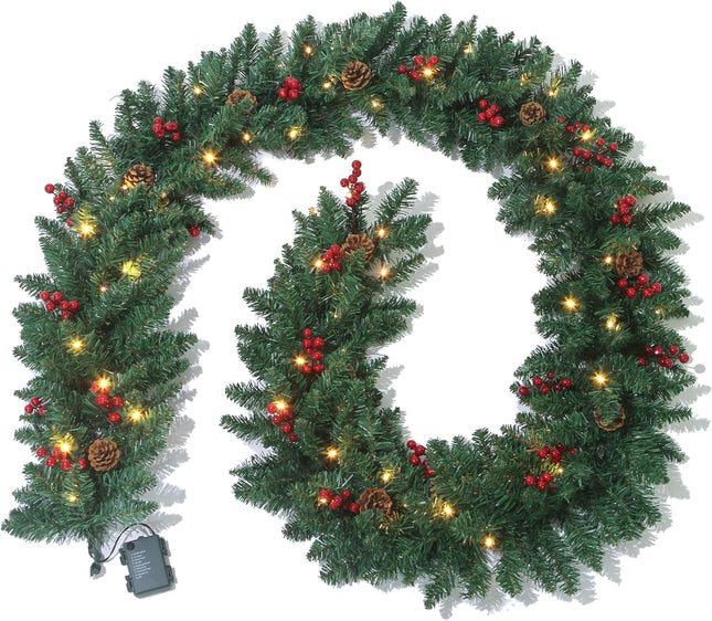 9 Ft Christmas Garland with Lights Battery Operated for Outdoor Indoor Decoration- Prelit Artificial Xmas Garland Decored with Pine Cones Berry for Home Stairs Fireplace