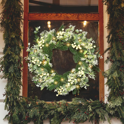 Perfnique 22'' Christmas Wreath for Front Door with Lights, Winter Outdoor Wreath Pine Wreath with White Berry and Glitter, Christmas Indoor Wreaths for Wall Window Fireplace Home Holiday Decor(White)