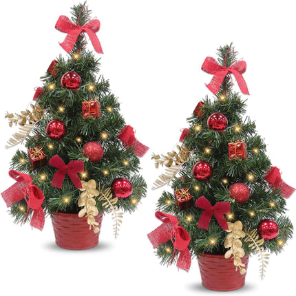 2PACK GRANDEAL 20 Inch Lighted Tabletop Mini Christmas Tree, Artificial Small Christmas Tree with Lights with Timer, Red Pot Box Bows Ornaments Christmas Decoration, Holiday Indoor Decoration