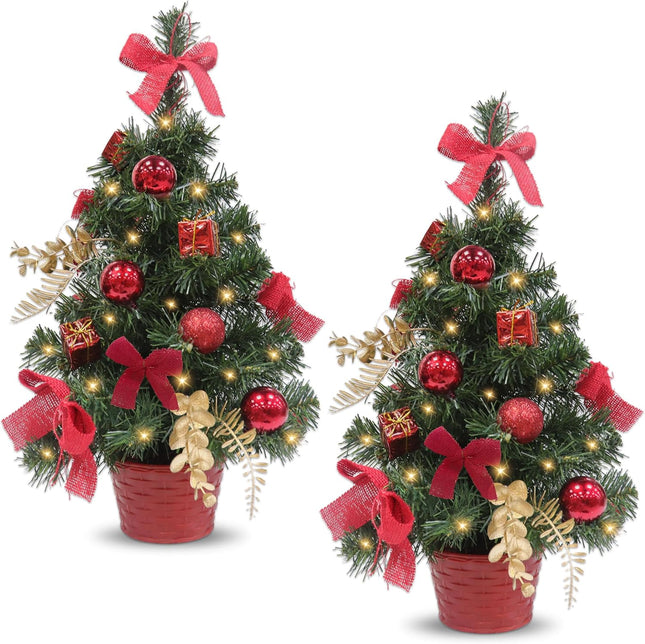 2PACK GRANDEAL 20 Inch Lighted Tabletop Mini Christmas Tree, Artificial Small Christmas Tree with Lights with Timer, Red Pot Box Bows Ornaments Christmas Decoration, Holiday Indoor Decoration