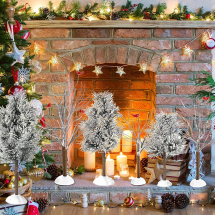 6 Pieces Christmas Village Trees Set, Village Bare Branch Trees Accessory Figurine, Snow Covered Village Trees for Christmas Tree Displays, Christmas Trees Decor with Cardinals (Elegant Style)