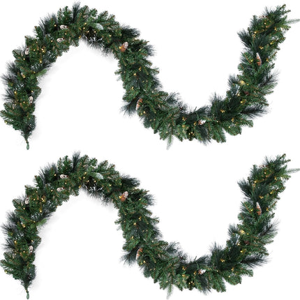 Papyrus 2 Pack of 9 ft Pre-Lit Frosted Carolina Pine Garland, Artificial, Pine Cones, Warm White Light, Battery Powered, Indoor/Outdoor