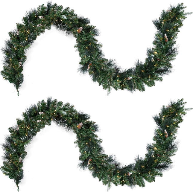 Papyrus 2 Pack of 9 ft Pre-Lit Frosted Carolina Pine Garland, Artificial, Pine Cones, Warm White Light, Battery Powered, Indoor/Outdoor