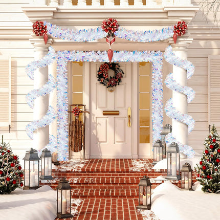 Sggvecsy 26.2Ft Christmas White Tinsel Garland Xmas Tree Decorations Christmas Iridescent Metallic Twist Garland Ceiling Hanging Decorations for Year Party Birthday Holiday Indoor Outdoor Supplies