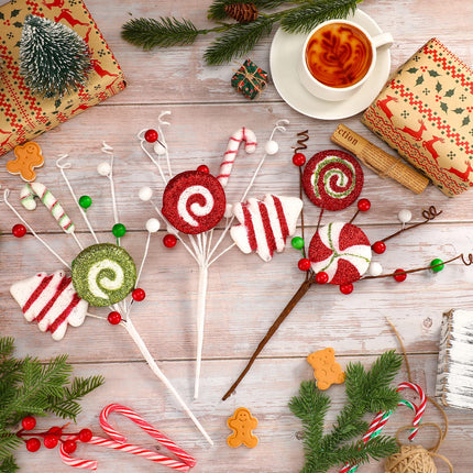 Jutom 12 Pcs Christmas Tree Picks Candy Cane Decor Candy and Lollipop Pick Christmas Tree Decoration Red Green and White Stripes Christmas Ornaments for Xmas Tree Home Decorations Holiday
