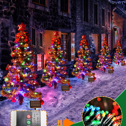 100LED Solar Christmas Tree Lights Outdoor Waterproof, 8 Modes Large Solar Christmas Trees Lights with Xmas Ball & Red Berry, Solar Powered Christmas Decorations for Outside Pathway Garden Yard Decor