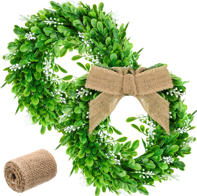 WILLBOND 2 Pcs Boxwood Wreath 11.8 Inch Artificial Christmas Wreath Outdoor Wreath Green Leaves Wreath with 16 Feet Sackcloth for Xmas Decor Front Door Wall Window Wedding(Natural Sackcloth)