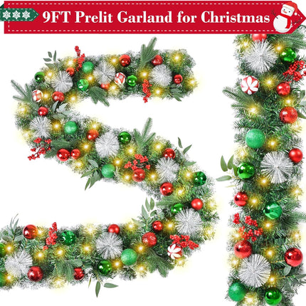 Beinhome Christmas Garland with Lights, 9 FT Pre-Lit Christmas Garland with Red Green Glitter Matte Ball Decorations for Home Front Door Stairs Table Centerpiece Fireplace Xmas Holiday Festival Decor