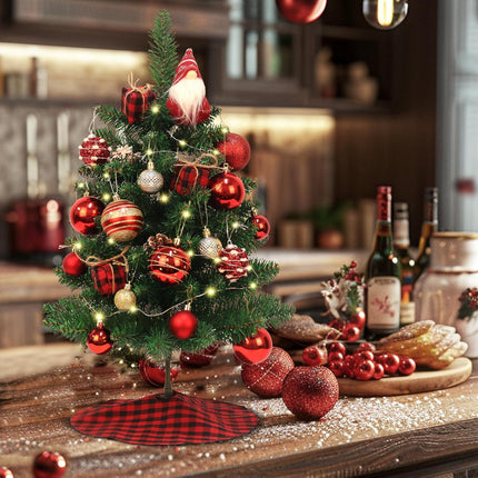 Mini Christmas Tree, 2ft Artificial Small Tabletop Christmas Tree, Table Top Christmas Tree with Gnome, Ball Ornaments and Buffalo Plaid Tree Skirt DIY Xmas Tree