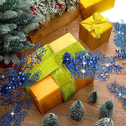 Tigeen 12 Pcs Large Christmas Tree Picks Bulk Glitter Branches Berries Stems Decorations 15.75'' Christmas Twigs Filler Berry Picks for Vase Christmas Tree Ornaments (Blue)