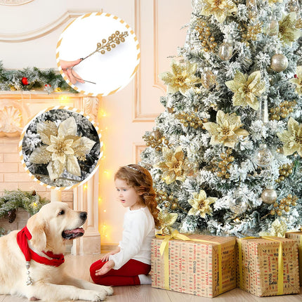 24 Pcs Christmas Tree Decorations Picks, Boxed 12Pcs Poinsettias Artificial Christmas Flowers with Clips and Stems+12pcs Holly Berry Stems for Xmas Tree Decor or Party Wreath Fireplace Stairs, Gold
