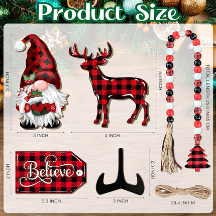 Christmas Tiered Tray Decoration Set Wooden Farmhouse Tray Decor Seasonal Winter Rustic Wood Sign Tabletop Centerpiece with Wood Bead Garland Christmas Table Decor for Home Kitchen (Decor-01)