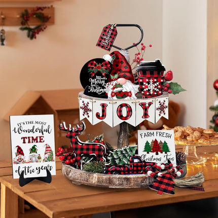 Christmas Tiered Tray Decoration Set Wooden Farmhouse Tray Decor Seasonal Winter Rustic Wood Sign Tabletop Centerpiece with Wood Bead Garland Christmas Table Decor for Home Kitchen (Decor-01)