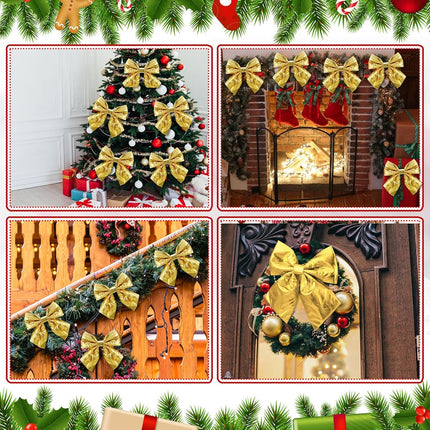 12 Pcs 10 x 8 in Christmas Metallic Foil Fabric Bows Gold Christmas Tree Bow Shiny Large Xmas Decorative Bows for Christmas Tree Wreath Garland Chair Holiday Ornament Decoration