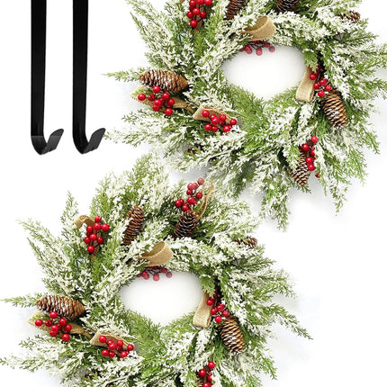 2 Pack Christmas Wreath 23”, Winter Wreaths for Front Door with Pinecones, Red Berries, Burlap Ribbon & Snowflake, Artificial Outdoor Holiday Door Decorations with 2 Wreath Hangers