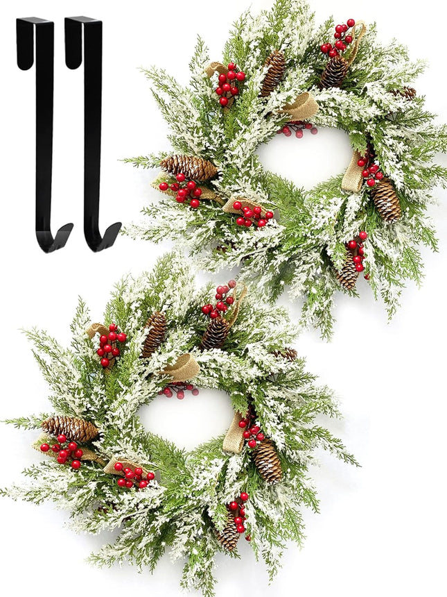 2 Pack Christmas Wreath 23”, Winter Wreaths for Front Door with Pinecones, Red Berries, Burlap Ribbon & Snowflake, Artificial Outdoor Holiday Door Decorations with 2 Wreath Hangers