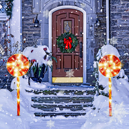 Set of 4 Lollipops Christmas Pathway Lights Outdoor 25" Candy Cane Peppermint Stake Light 80 LED Driveway Light with 8 Mode Waterproof Walkway Lights for Yard Patio Decor(Warm Light, Red and White)