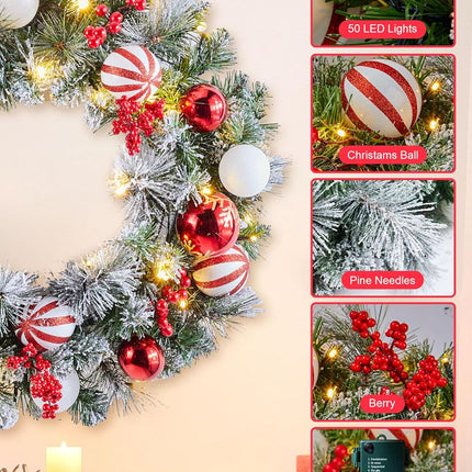 Pre-Lit Artificial Christmas Wreath 24Inch, Christmas Door Decorations Wreath with 50LED Warm Lights, Christmas Balls, Pine Needles, and Red Berries for Front Door Wall Windows X-mas Ornament