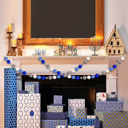 Hanukkah Pom Pom Garlands - Hanukkah Decorations - Chanukah Blue Dark Blue Grey Silver Bead White Felt Ball Garlands for Home Tree Mantle - Chanukah Jewish Party Indoor Outdoor Hanging Decor