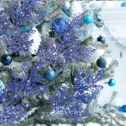 Cindeer 100 Pcs Christmas Tree Picks Sprays 10.24 Inch Glitter Artificial Pine Leaves Cedar Stems Faux Pine Needles Greenery Cedar Branches Ornament for Home Garland Wreath Winter Decor(Blue)