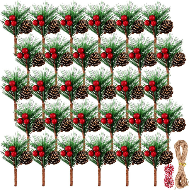 30 Pieces Christmas Artificial Pine Needle Artificial Pine Stems and 2 Pieces Hemp Rope for Xmas Party Wrapping Decor Wreaths Arrangement Tree Ornaments Wedding Supplies (Red)