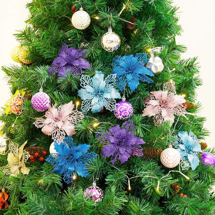 Zhenrui 12 pcs 6” Christmas Poinsettia Flower, Glitter Poinsettia Tree Ornaments, Purple Artificial Flower Decorating Wreath Garland, Great for Wedding Holiday and Home Decor, with Stems