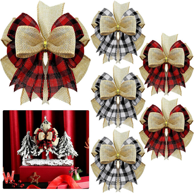 Chuangdi 6 Pcs Christmas Premade Bows for Wreaths Buffalo Plaid Bows Xmas Plaid Bows Burlap Wreaths Bows Christmas Tree Topper for Wedding Holiday Thanksgiving(Black and White, Red and Black)