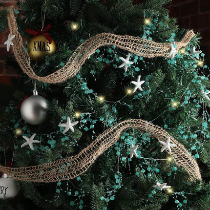 20 Feet Beach Decor Set Diamond Beaded Starfish Garland Christmas Decoration Natural Fish Net Coastal Beach Garland with White Starfish for Xmas Tree Wedding Supplies (Starfish and Light String)
