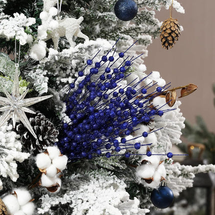 30-Pack Christmas Picks and Sprays Blue Artificial Glitter Berry Stems Branches Twigs Sticks Sprigs Christmas Tree Decorations, Ornaments for Garland, Wreath, Flowers and Tree Topper