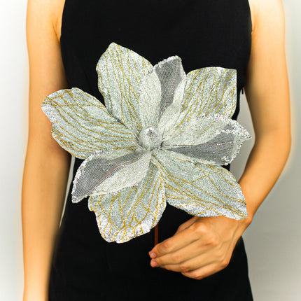 10" Velvet Poinsettias Artificial Christmas Flowers, 6pcs Large Glitter Christmas Poinsettia Picks, Floral Stems for Christmas Tree Wreath Garland Decorations DIY Ornaments (Silver)