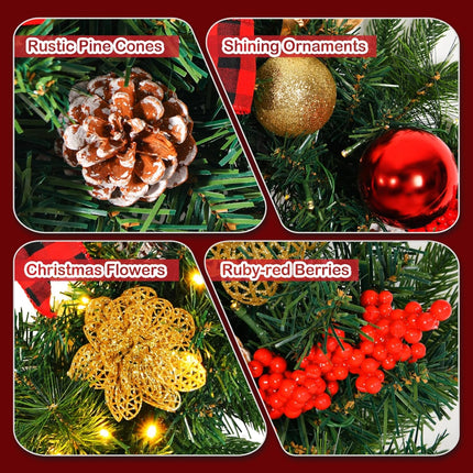 24inch Extra Large Pre-lit Christmas Wreath 8 Modes Lighting Artificial Deluxe Lighted Christmas Wreath Decorations Ornament with LED Lights Door Window Fireplace Decor Timer Function (24 INCH)