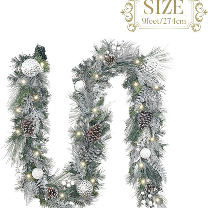 Valery Madelyn 9 feet Pre-Lit Christmas Garland with Lights for Mantle, Lighted Battery Operated Xmas Garland with Royal Silver White Balls for Front Door Fireplace Table Centerpiece Outdoor Decor