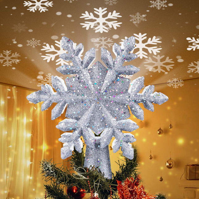 Christmas Tree Topper Lighted with Built-in Led Rotating Snowflake Projector Lights, 9.6” Hollowed Tree Topper with Silver Spangles Plug In for Indoor Home Xmas Year Party Holiday Night Tree Decor